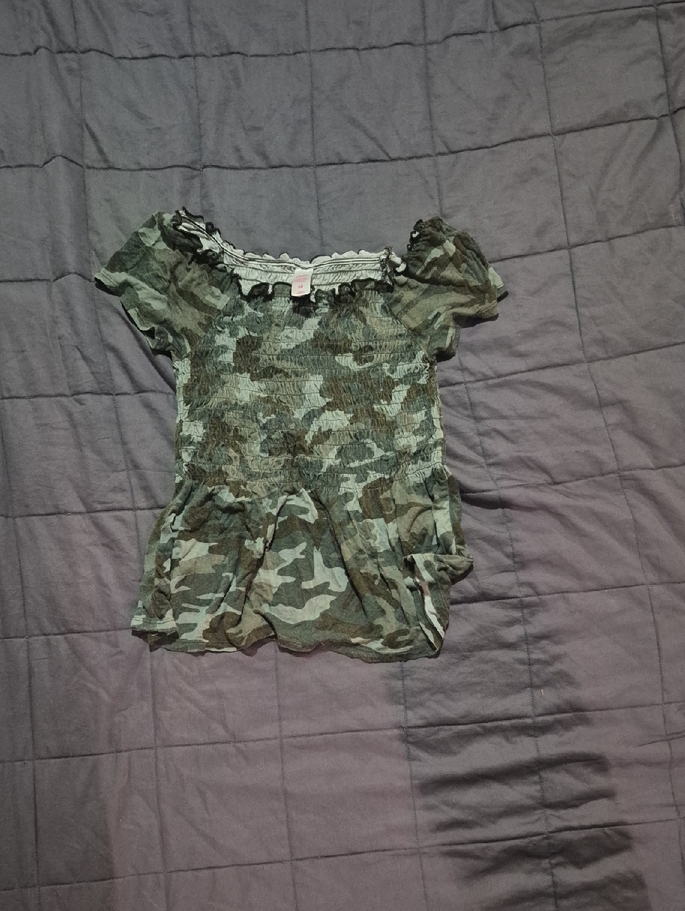 Justice Olive Camo Smocked Peplum Top